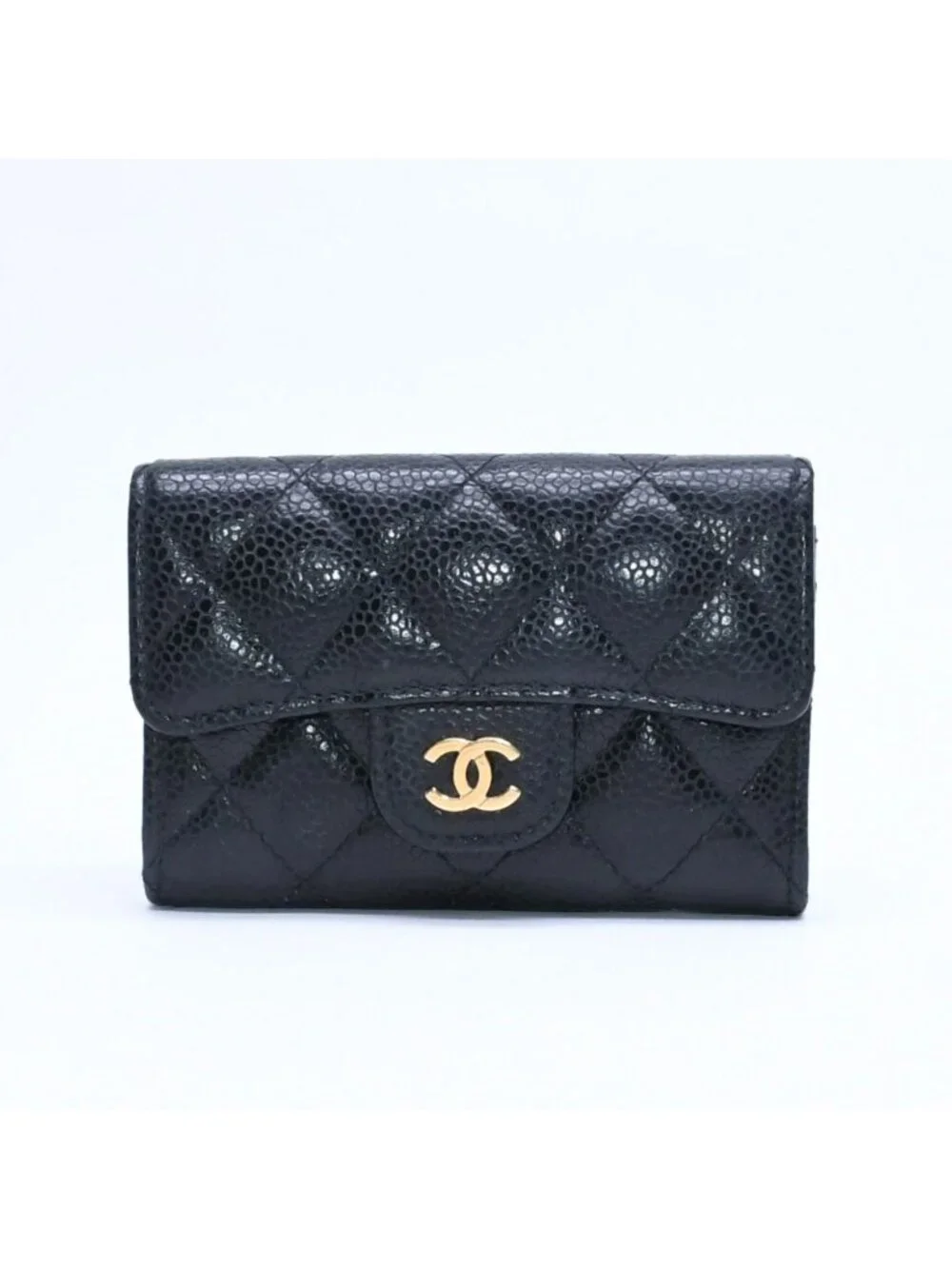 Chanel Quilted CC Logo Card Case Wallet Lambskin Black Gold